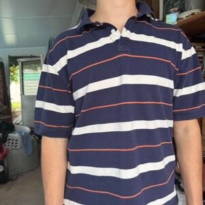 G.H. Bass & Co Mens Striped Polo Shirt Navy Blue White Orange Cotton Large